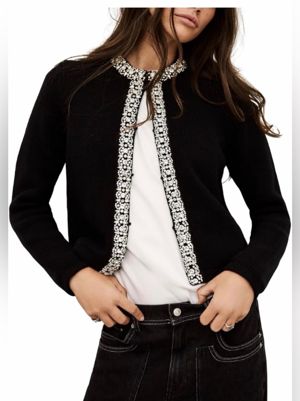 ba&sh Black Louna Jumper Cardigan with Crystal Trim